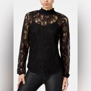 Bar III Mock-Neck Lace Black Top Size Small